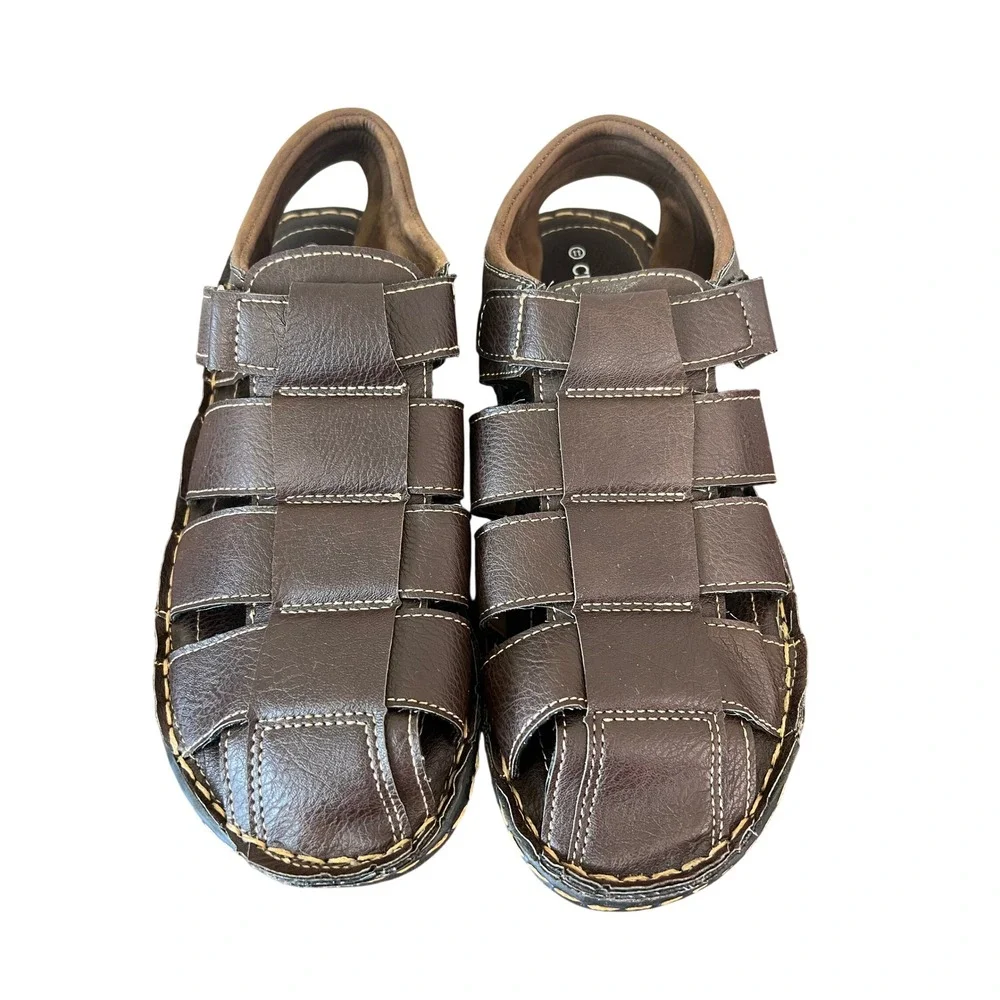 Cherokee Mens Dark Brown Faux Leather Fisherman Sandals Size 11 Hook and Loop
